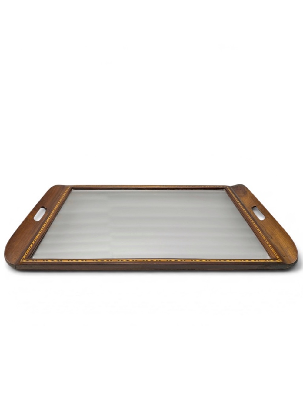 Vintage Art Deco Inlaid Marquetry Mirrored Handle Large Wood Tray 28x17 in.